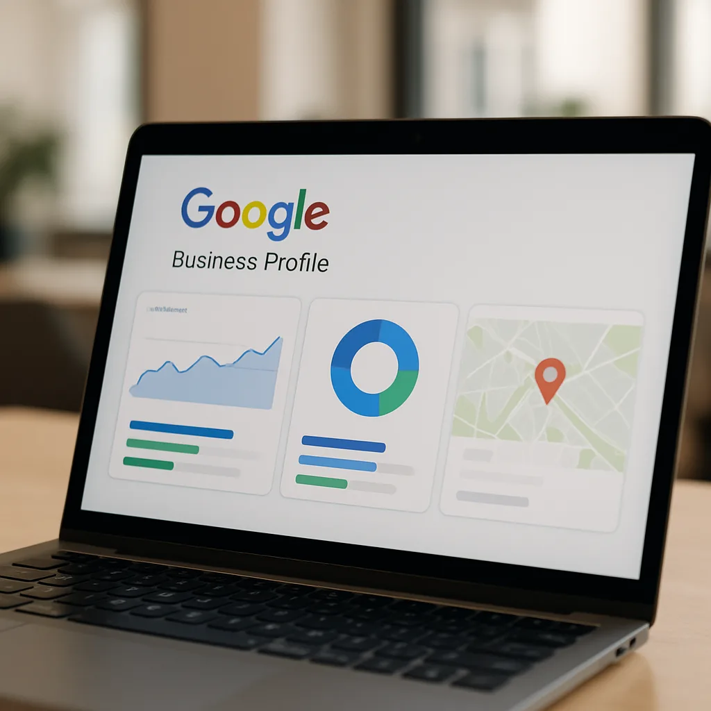 Tableau de bord Google Business Profile avec statistiques de référencement local