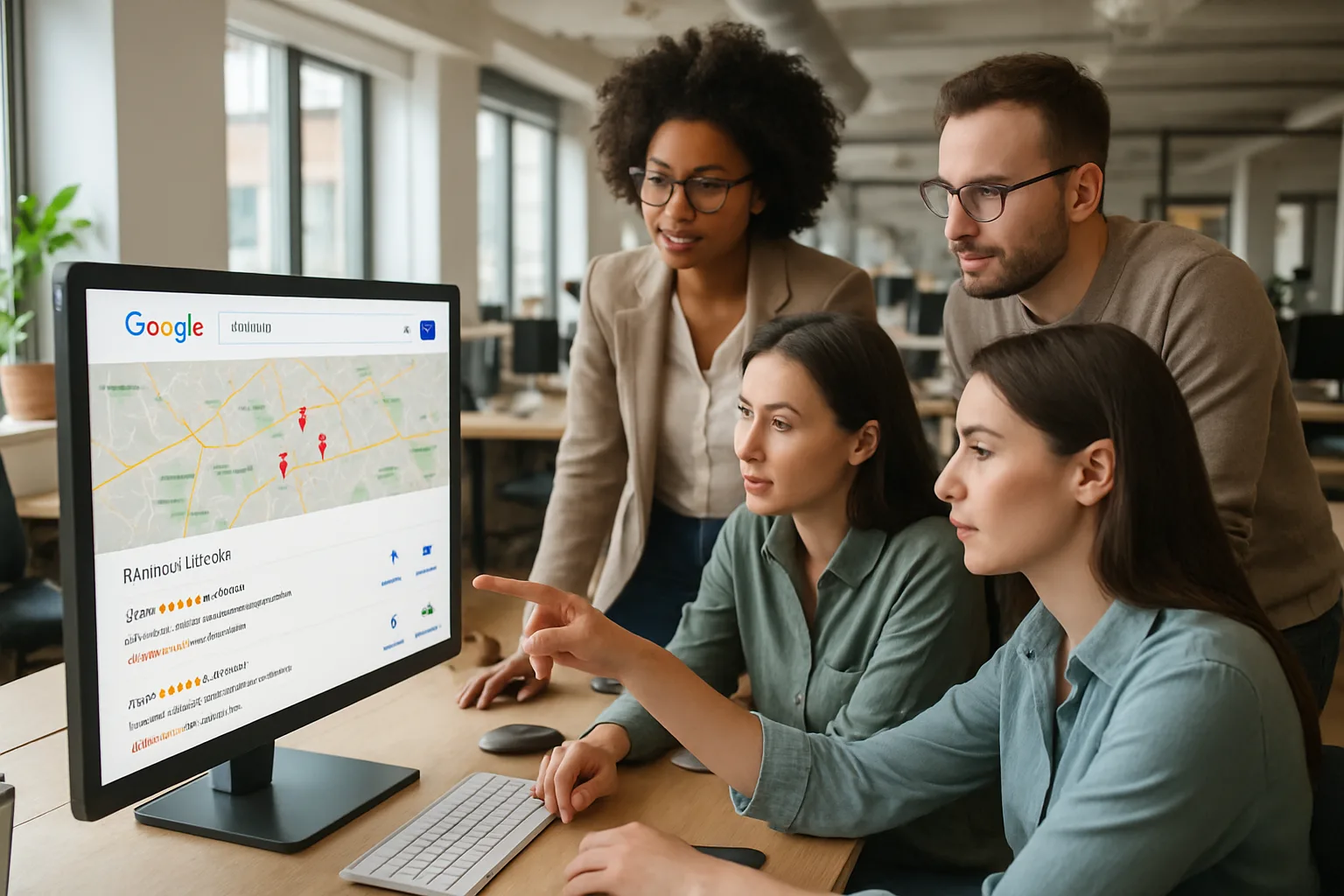 Équipe marketing analysant les résultats de référencement local Google dans un bureau moderne