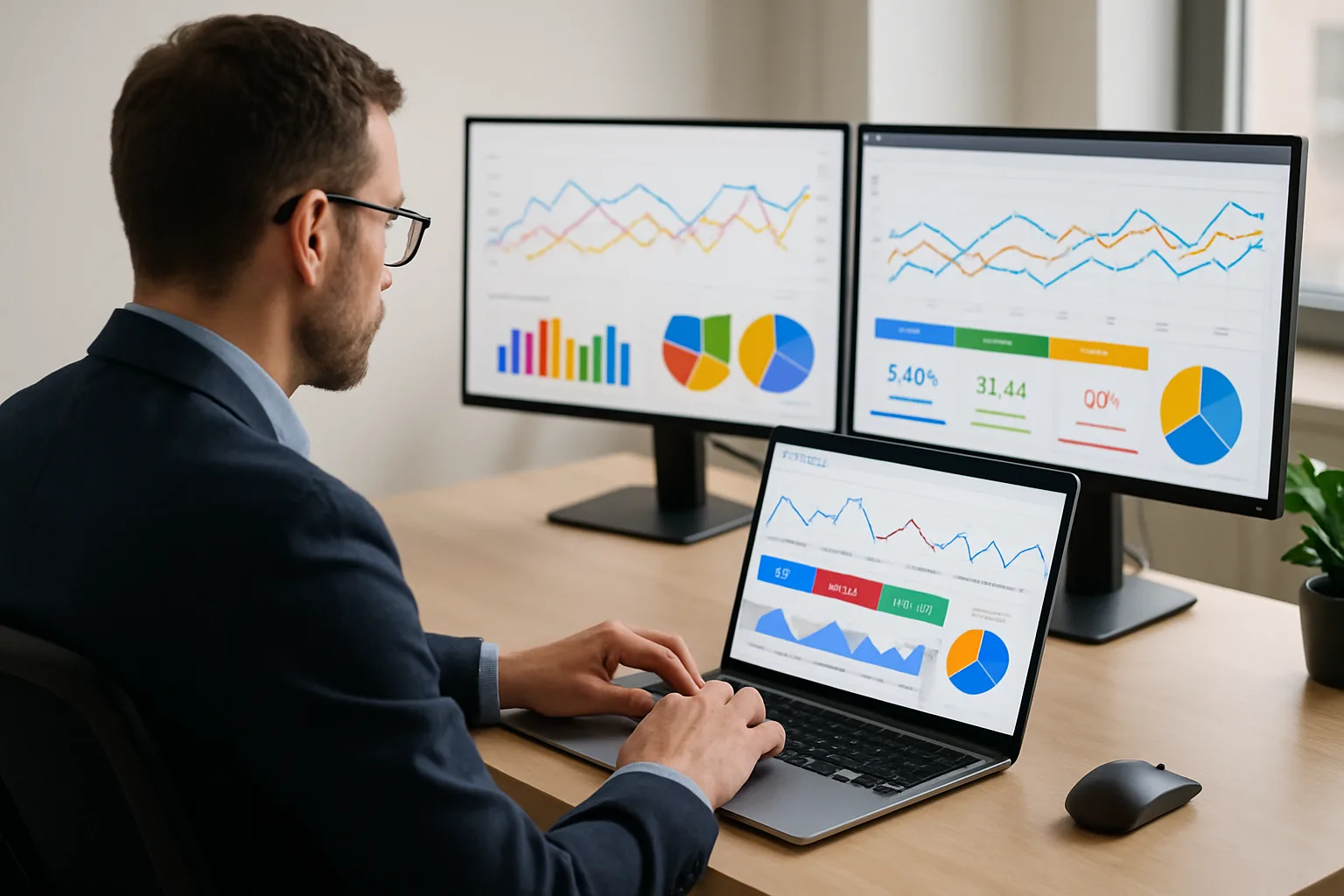 Consultant SEA analysant des campagnes Google Ads sur ordinateur avec tableaux de bord analytiques