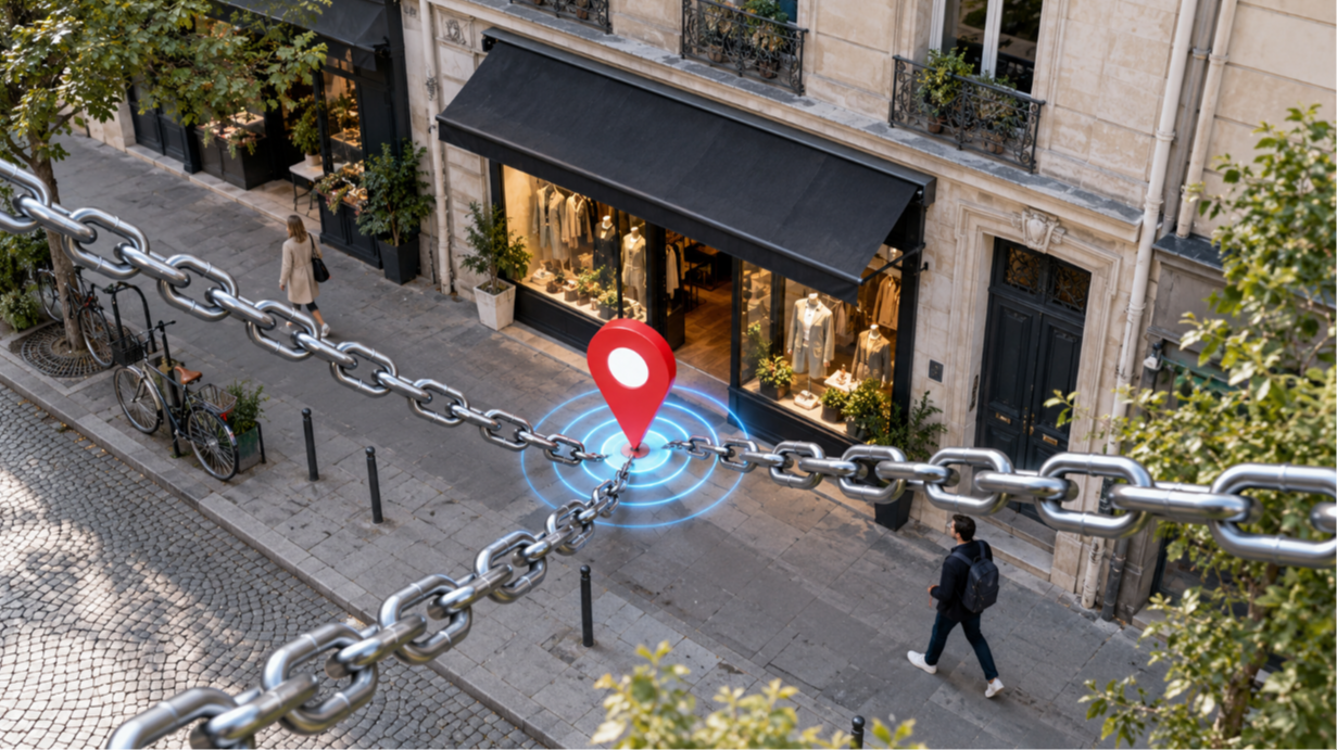 Chef d'entreprise consultant son positionnement local Google sur smartphone devant son commerce