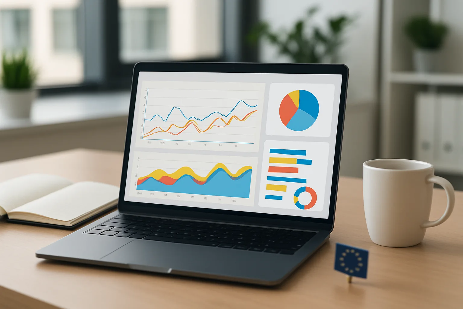 Tableau de bord Google Analytics sur ordinateur portable dans un bureau professionnel, analyse de données web et RGPD