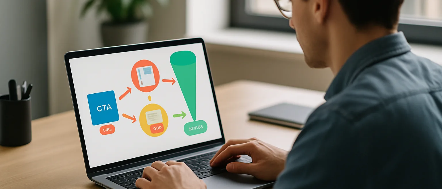 UX designer analysant un tunnel de conversion sur son écran pour optimiser le taux de conversion d'un site web